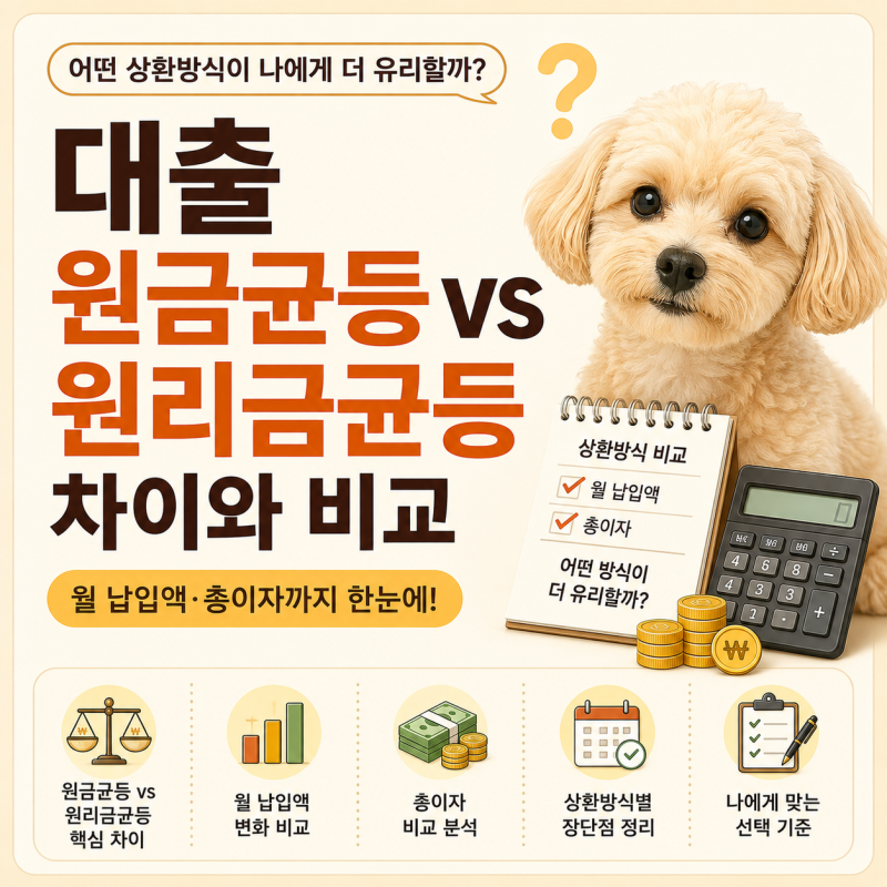대출 원금균등 원리금균등 차이, 어떤 상환방식이 유리할까? 월 납입액·총이자 비교