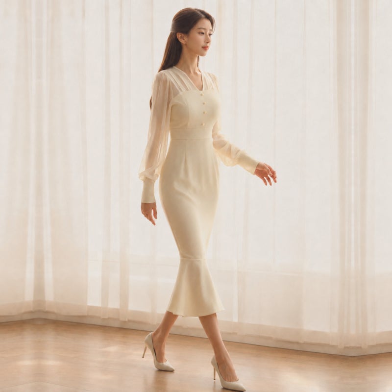 아이보리 시스루 머메이드 원피스｜단정함 속에 여리한 분위기를 담은 우아한 롱원피스