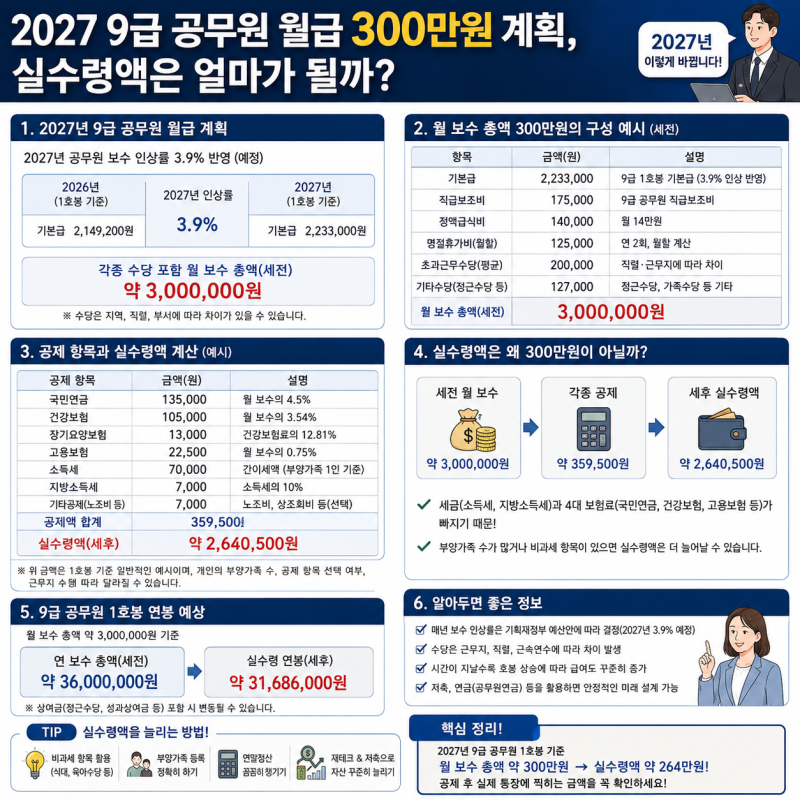 2027 9급 공무원 월급 300만원 계획, 실수령액은 얼마가 될까?