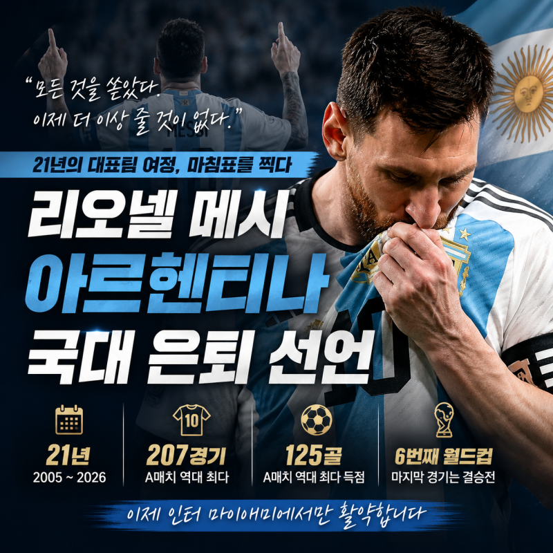 “이제 아르헨티나 유니폼 벗는다” 메시 국대 은퇴 선언…21년·207경기로 끝난 마지막 월드....