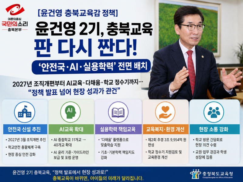 윤건영 2기, 충북교육 판 다시 짠다…‘안전국·AI·실용학력’ 전면 배치
