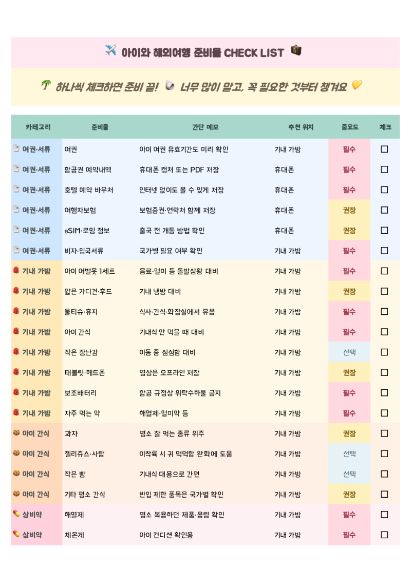 아이와 해외여행 준비물 체크리스트｜아이와 해외여행 갈 때 꼭 챙길 것｜엑셀파일리스트
