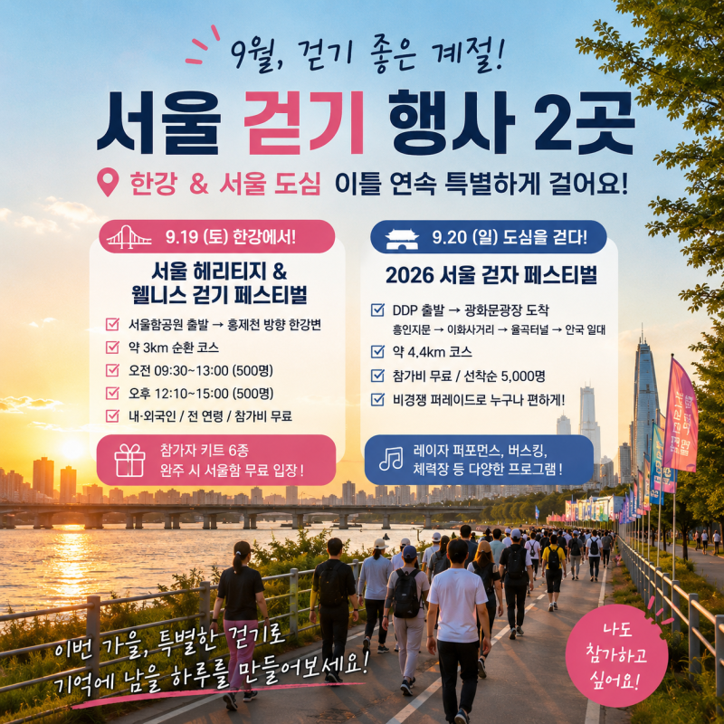 9월 걷기 행사｜한강 웰니스 걷기 / 2026 서울 걷자 페스티벌