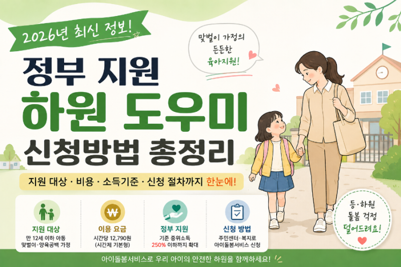 2026 정부 지원 하원 도우미 신청방법｜아이돌봄서비스 지원대상·비용·소득기준 총정리