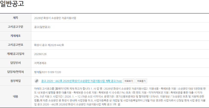 2026 화성시 소상공인 자금지원 총정리｜최대 5,000만원 특례보증·이자 2% 지원