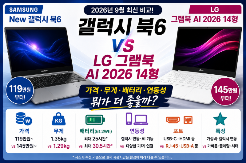 New 갤럭시 북6 vs LG 그램북 AI 2026 비교｜가격·무게·배터리 뭐가 좋을까?