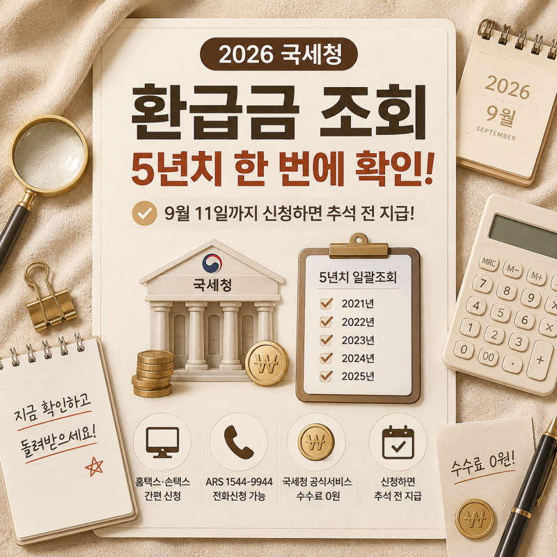 국세청 환급금 조회 시작! 5년치 한 번에 확인｜9월 11일까지 신청하면 추석 전 지급