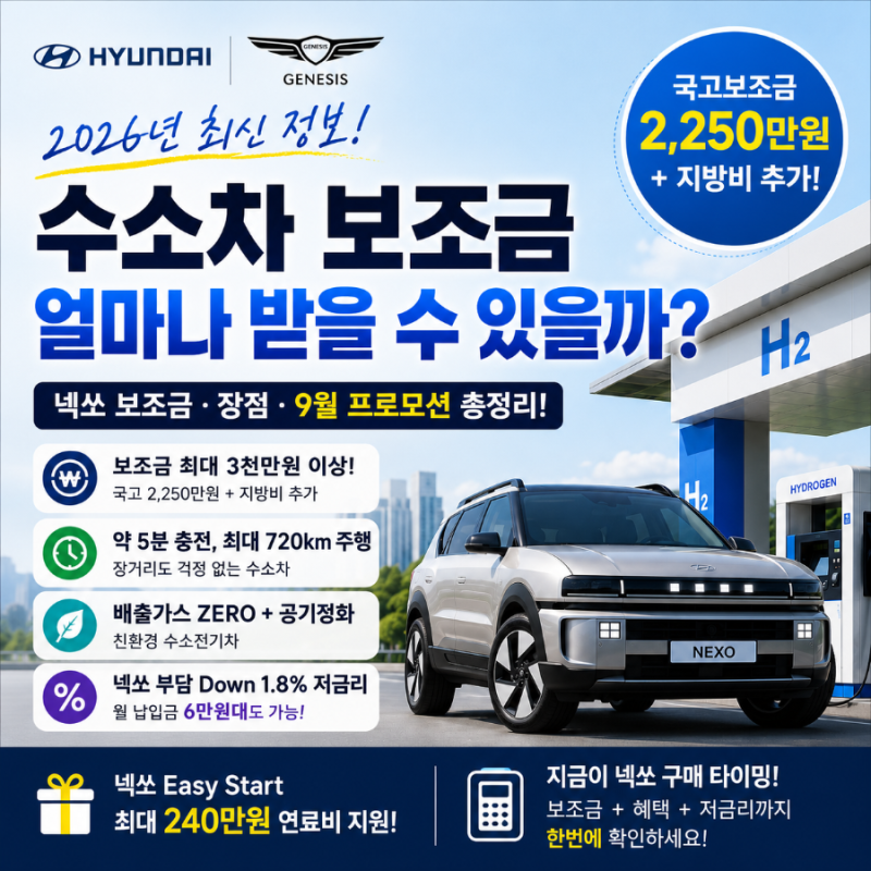 2026 수소차 보조금 얼마? 넥쏘 보조금·장점·9월 프로모션 총정리