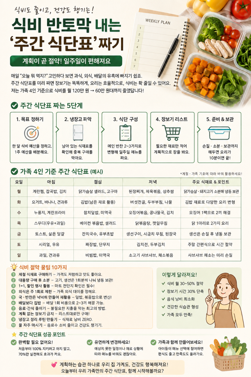 식비 반토막 내는 ‘주간 식단표’짜기! 부터 꿀팁까지~ 실생활에 바로 적용가능하니 놓치지....