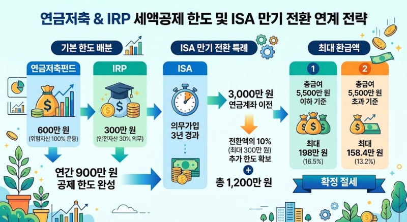 연금저축과 IRP 세액공제 최대 확보 전략: ISA 연계로 1,200만 원 한도 채우고 최대 198만 원 환급....