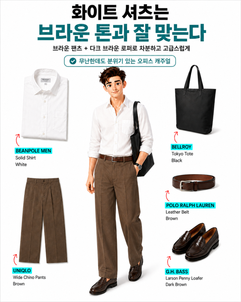 남자가을코디, 빈폴셔츠와 브라운 남자바지로 단정하게