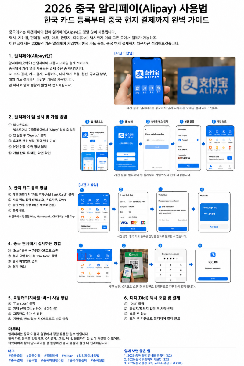 2026 중국 알리페이 사용법｜한국 카드 등록부터 QR결제·교통까지