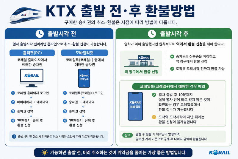 KTX 표 취소해야 한다면?｜승차권 환불 위약금·출발 후 반환 정리