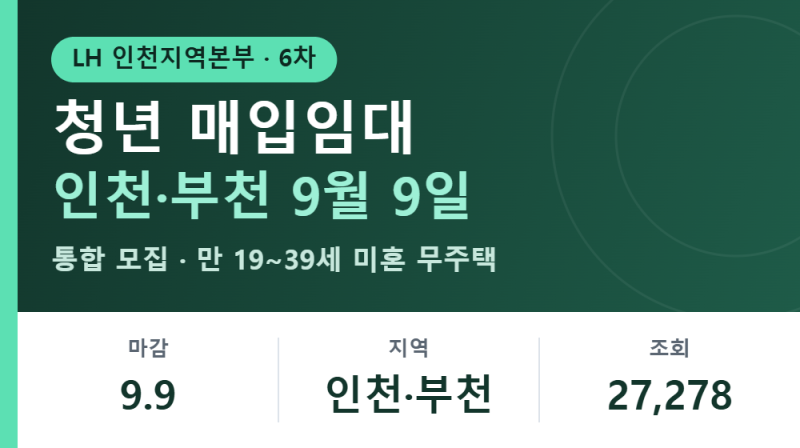 9월 9일 마감, 인천 26년 6차 청년 매입임대 인천·부천 신청자격과 동일일정 4건 구분