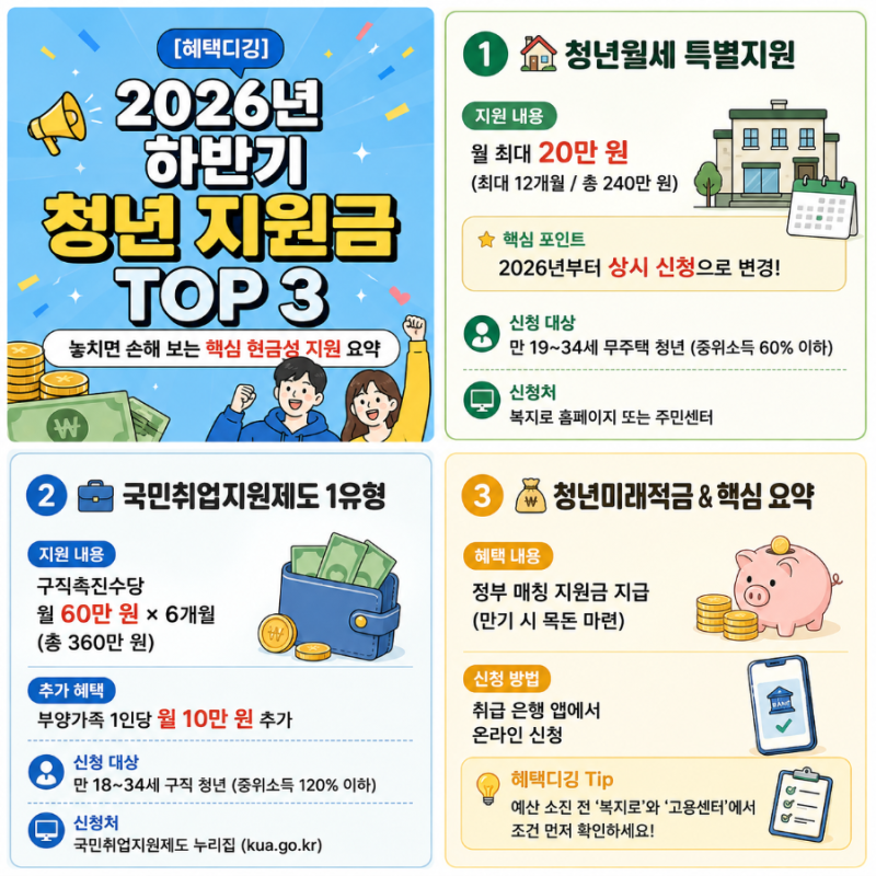 2026년 하반기 청년 지원금 3가지 총정리 (청년월세·국민취업지원제도·미래적금)