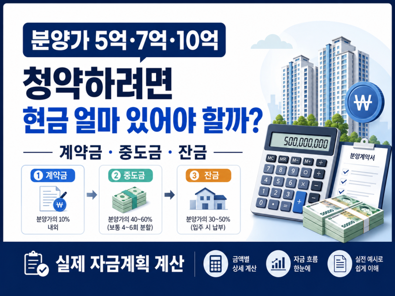 [청약 자금계획] 분양가 5억·7억·10억, 실제 현금 얼마나 필요할까? (계약금·중도금자납·잔....