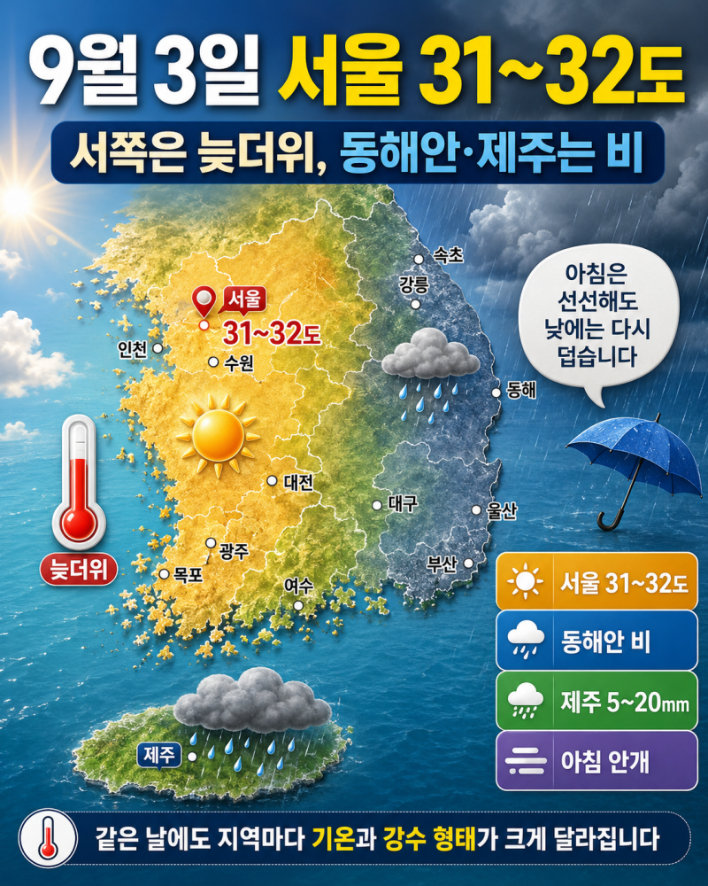 9월 3일 날씨 서울 31~32도 다시 더위, 동해안·제주 비와 아침 안개 주의