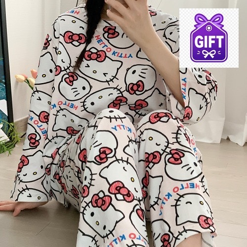 헬로키티 잠옷 산리오 여성 봄 겨울 긴팔 순면 노카라 임산부 파자마 홈웨어 세트 핑킷, 후회....
