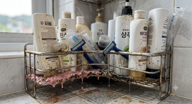 "욕실 선반에 다 쓴 샴푸통이랑 호텔 칫솔 20개 쌓아뒀다 바닥에 붉은 곰팡이 다 번졌습니다" ....