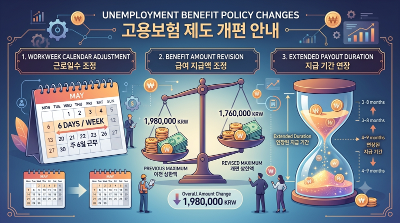 2026년 실업급여 개편안 총정리: 주 6일 산정 변경, 월 수급액 감액 및 기간 연장 팩트체크