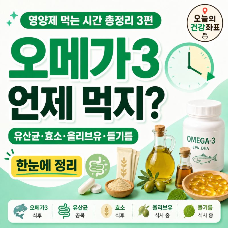 영양제 먹는 시간 총정리 3편｜오메가3·유산균·효소·올리브유·들기름 언제 먹을까?