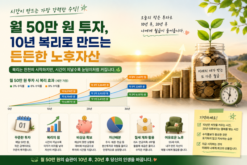 10년 복리 은퇴 설계, 월 50만 원이 노후자산으로 바뀌는 과정[라이프캐시 재테크 로드맵 8편]