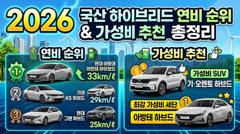 2026년 국산 하이브리드 자동차 연비 순위 및 가성비 모델 추천 총정리