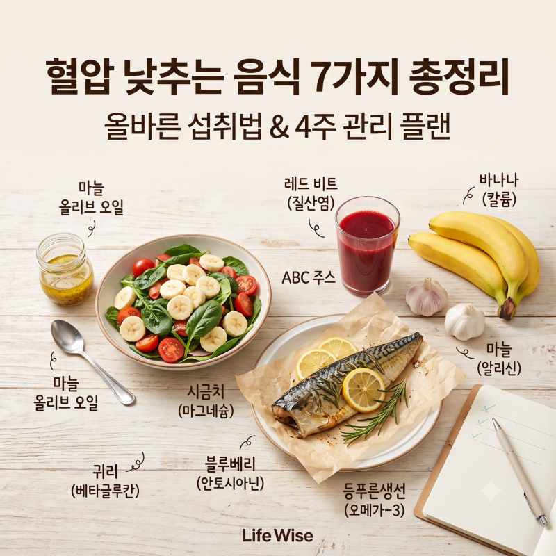 고혈압 수치 낮추는 법: 혈압에 좋은 음식 7가지와 저염 레시피 완전 가이드