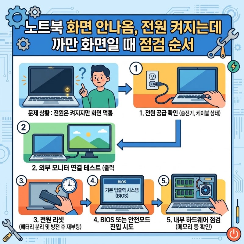 노트북 화면 안나옴, 전원 켜지는데 까만 화면일 때 점검 순서