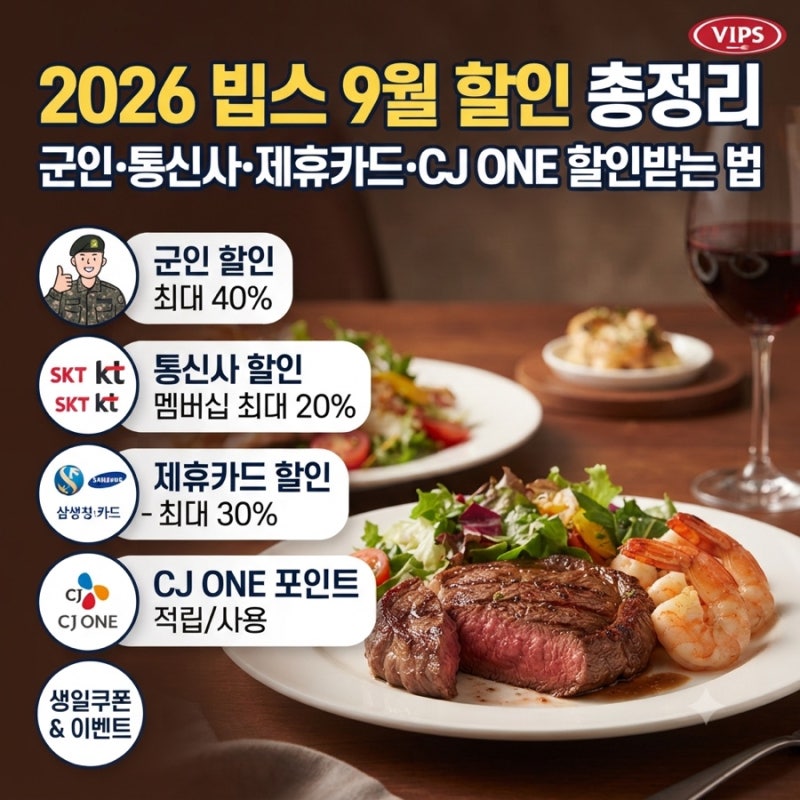 빕스 9월 할인 총정리 군인·통신사·제휴카드·CJ ONE 할인받는 법