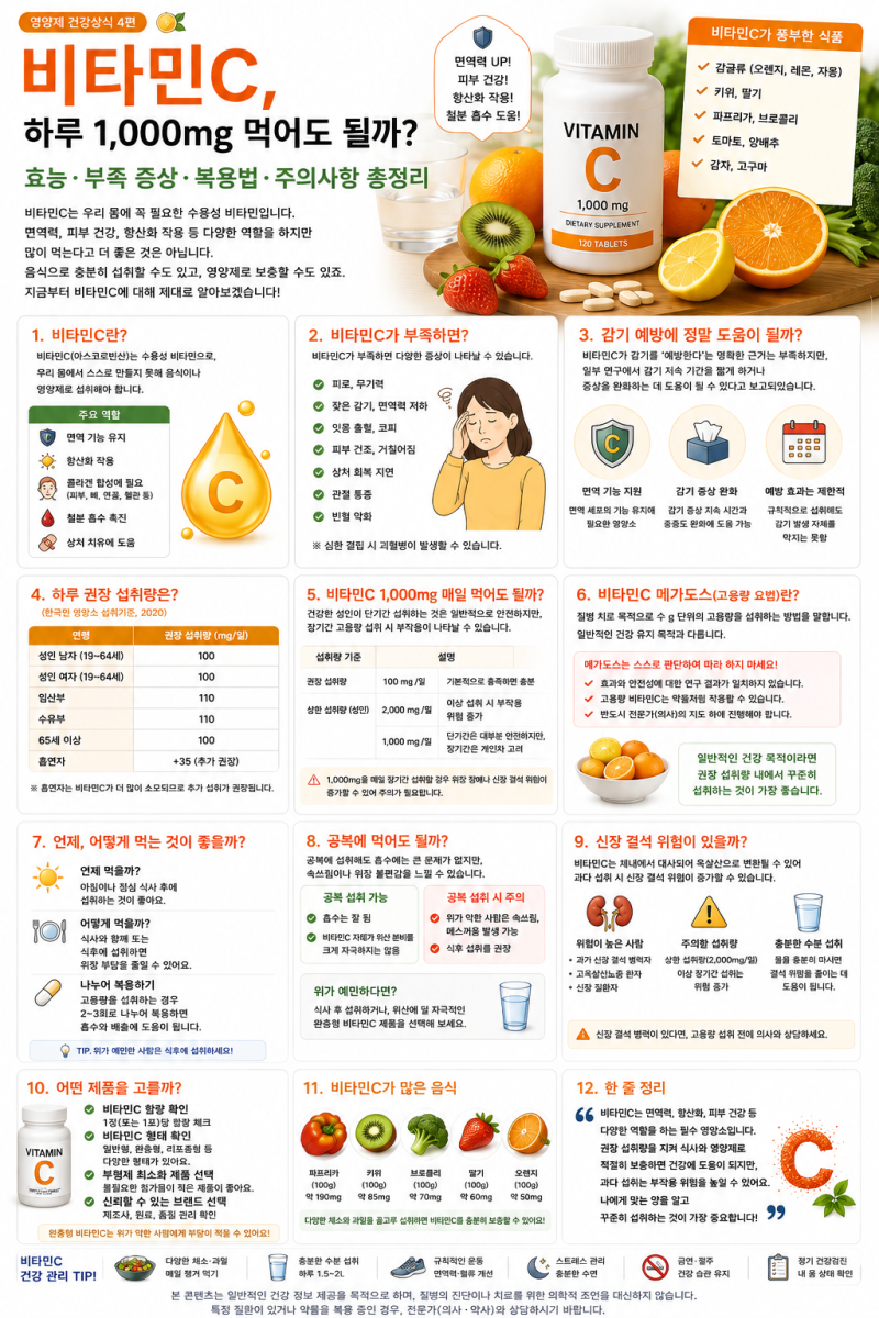 비타민C 하루 1000mg 먹어도 될까? 효능·복용시간·메가도스·부작용 총정리