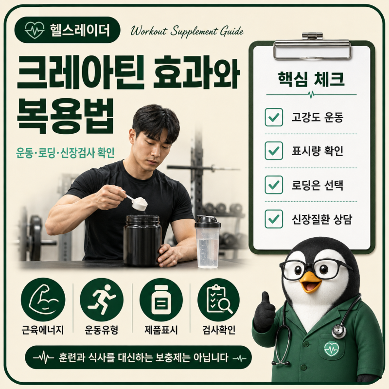 크레아틴 효과와 복용법, 하루 섭취량·로딩·신장검사 주의사항