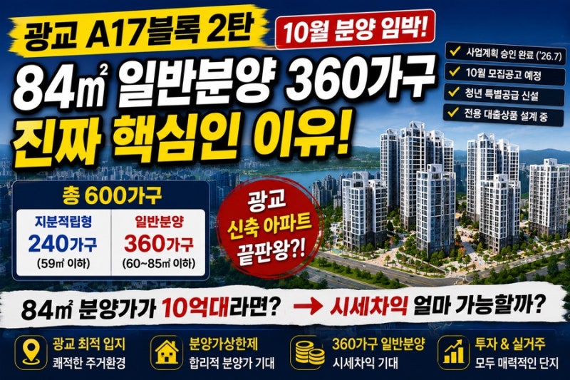광교 A17블록 2탄｜10월 분양 임박, 84㎡ 일반분양 360가구가 진짜 핵심인 이유