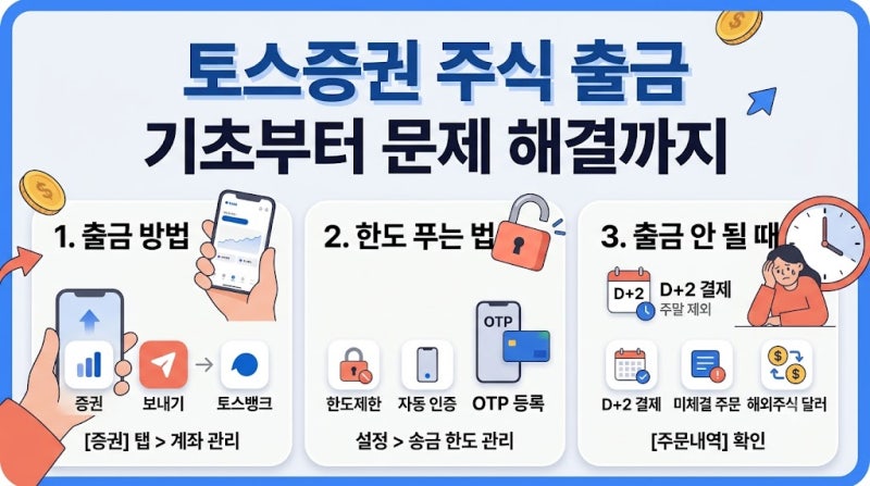 토스 주식 팔았는데 출금이 안 돼요! 출금 가능 시간·한도 푸는 법·원인 3가지/토스증권 주....