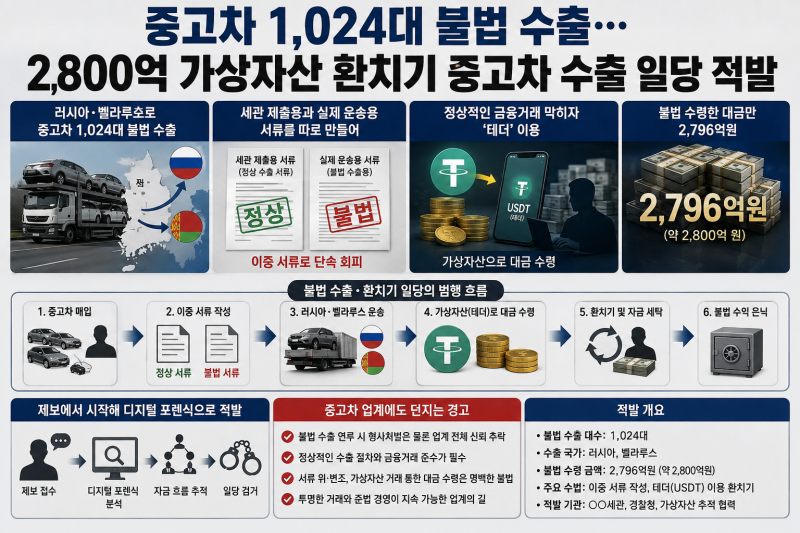 중고차 1,024대 불법 수출…2,800억 가상자산 환치기 중고차 수출 일당 적발