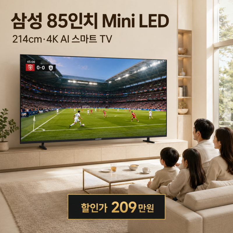 "대박할인 27% 200만원대" 삼성 2026 Mini LED KU85MH75AFXKR 214cm 4K AI 스마트 축구 대형TV 스탠드 삼성 8....