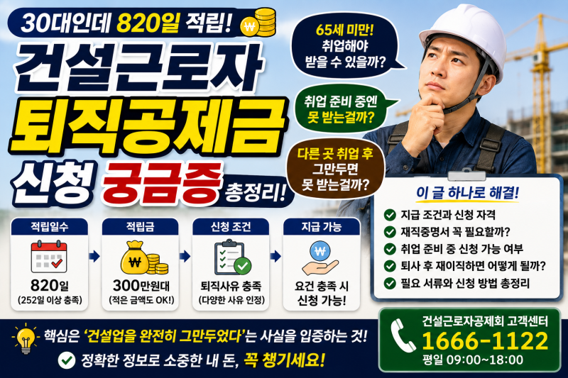 건설근로자 퇴직공제금 65세 미만 신청방법｜820일 적립했다면 취업해야 받을 수 있을까?