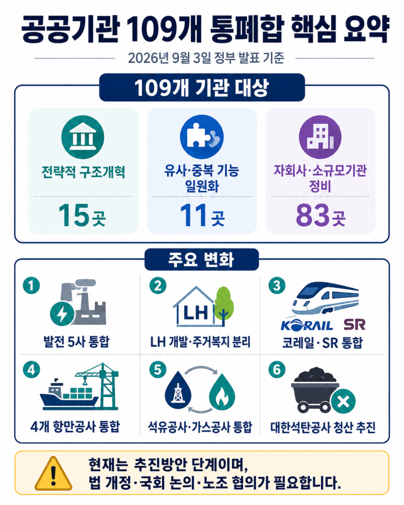 공공기관 109개 통폐합 추진, 발전 5사 통합·LH 분리 핵심 변화 총정리