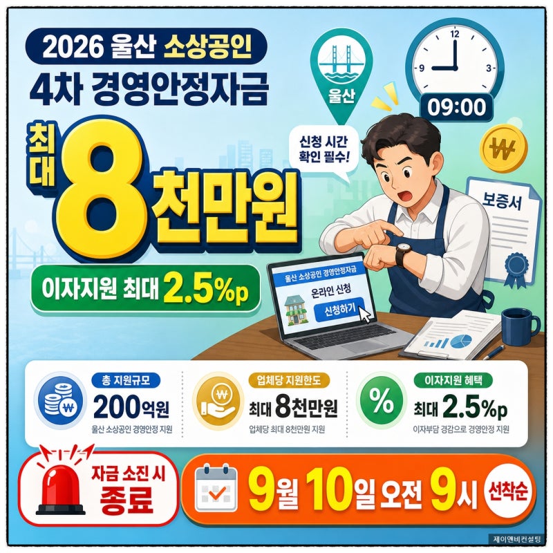 2026년 울산 소상공인 경영안정자금 최저 2%대 정책자금 8천만원까지 지원합니다.