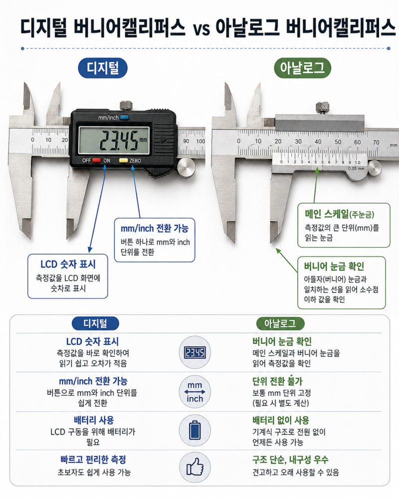 디지털 버니어캘리퍼스 vs 아날로그 버니어캘리퍼스 차이｜처음 살 때 뭐가 편할까?