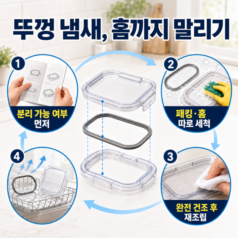 밀폐용기 뚜껑 냄새가 안 빠진다면, 고무패킹을 빼서 홈까지 말려보세요