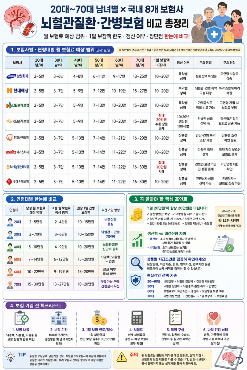 20대~70대 남여+국내 8개보험사,월보험료 예상범위 , 1일 보장액 한도 갱신 여부 , 장단점까지