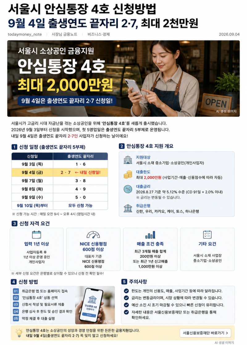 서울시 안심통장 4호 신청방법｜9월 4일 출생연도 끝자리 2·7, 최대 2천만원