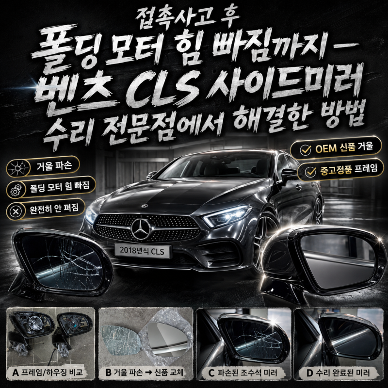 접촉사고 후 폴딩 모터 힘 빠짐까지 벤츠 CLS 사이드미러 수리 전문점에서 해결한 방법