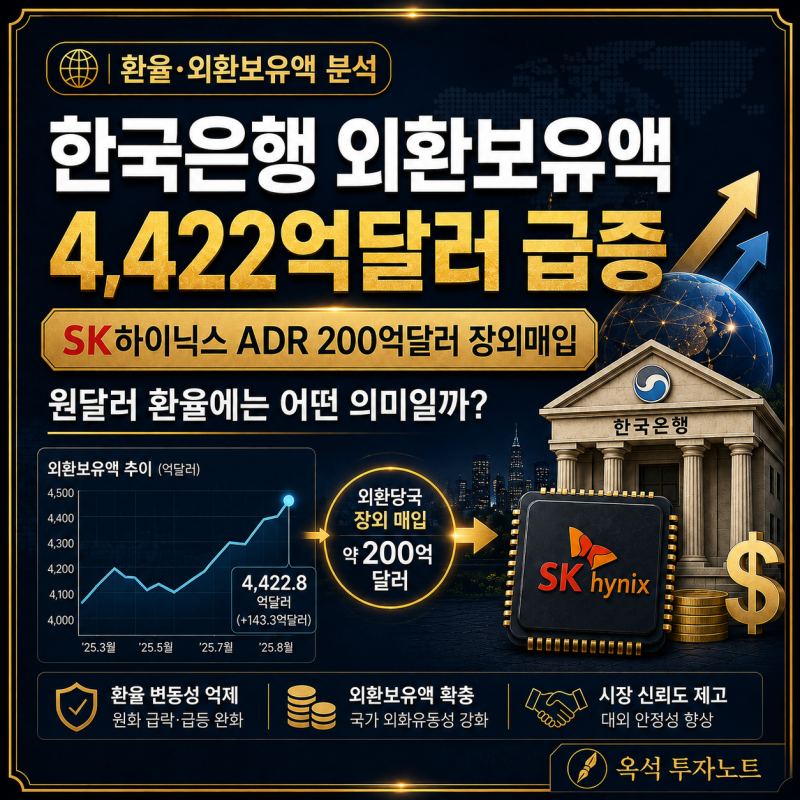 한국은행 외환보유액 4,422억달러 급증: SK하이닉스 ADR 200억달러 장외매입, 원달러 환율에는 ....