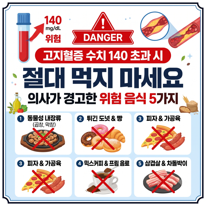 고지혈증 수치 140 기준 완벽 정리: 피해야 할 음식 5가지와 혈관 청소 식단