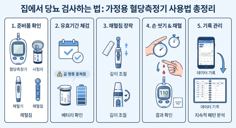 당뇨 자가진단 방법, 가정용 혈당측정기로 혈당 측정하는 순서