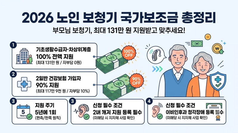 2026 노인 보청기 국가보조금 총정리: 65세 이상 최대 131만 원 지원 대상·청각장애 판정 기준·....