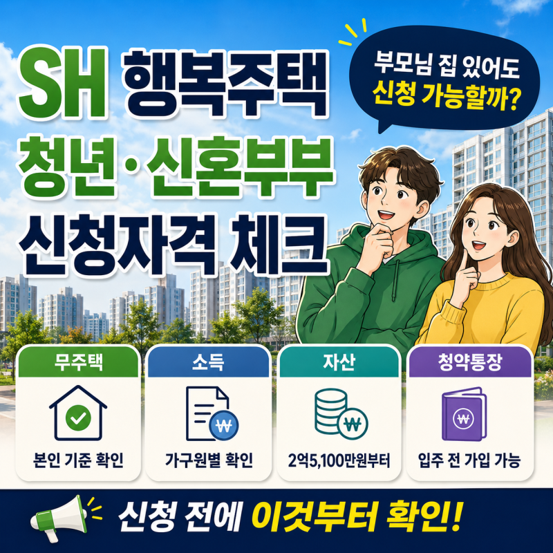 SH 행복주택 청년·신혼부부 자격｜부모 집 있어도? 소득·자산·청약통장 체크