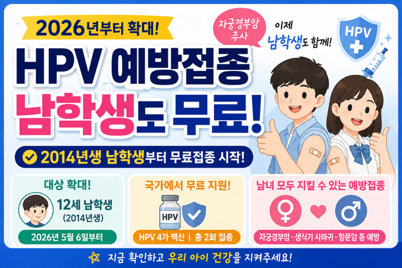 2026 자궁경부암 예방접종 무료 대상 확대! 남학생도 HPV 주사 무료｜2014년생 꼭 확인